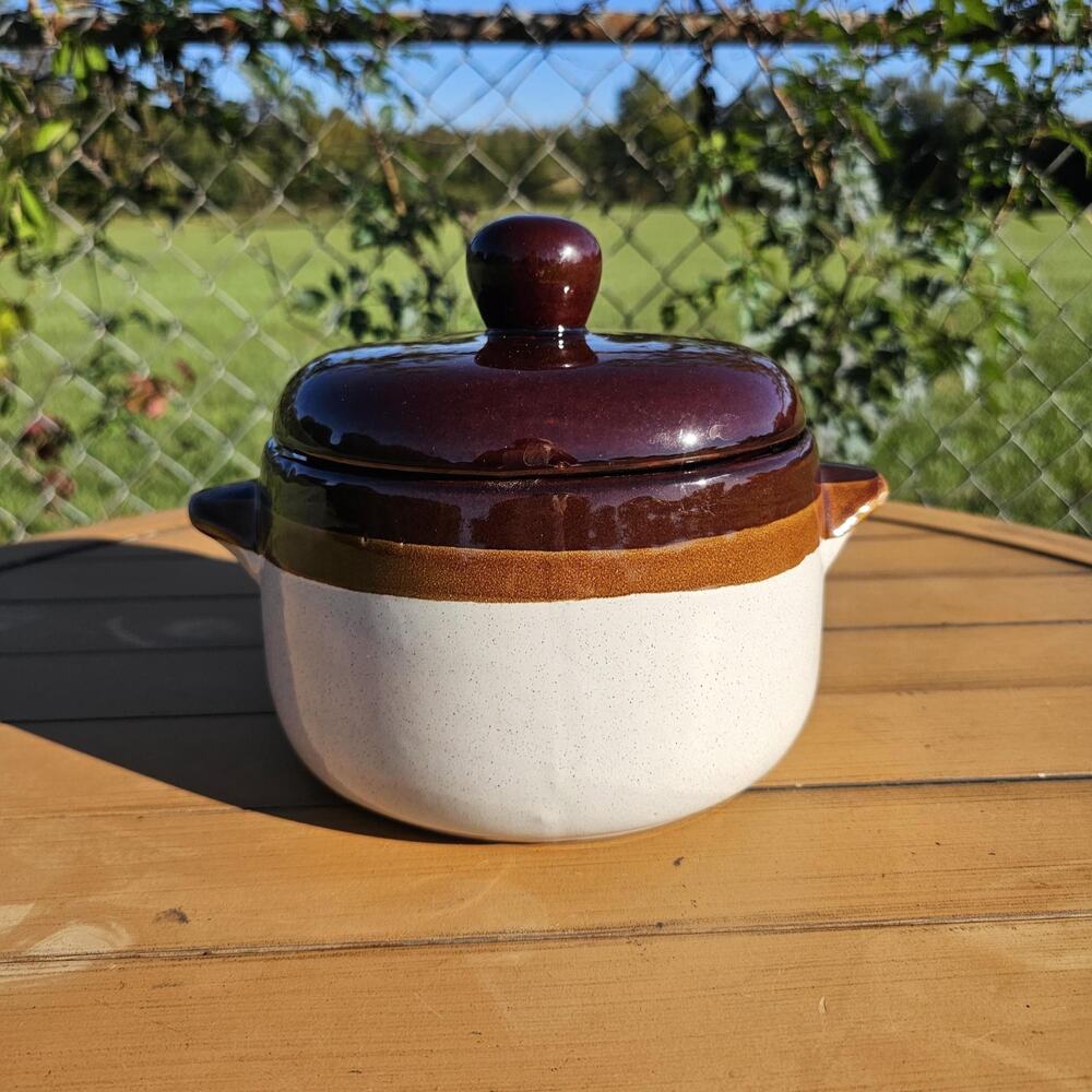 Vintage Brittany Cook N Serve Brown, Tan and White Stoneware Bean Pot with Lid